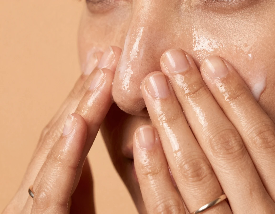 약지 손가락으로 코 주변에 클렌징 오일을 부드럽게 롤링하는 모습