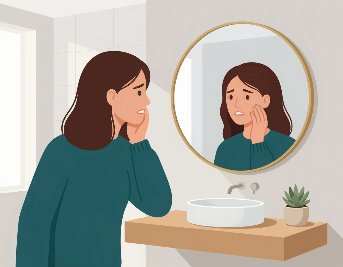 거울을 보며 피부 고민을 하는 여성