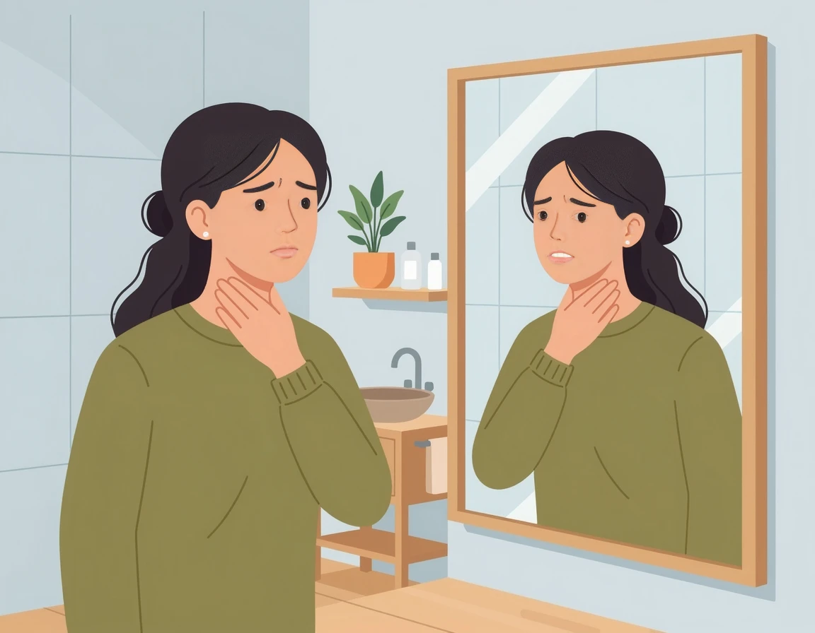 거울을 보며 목주름을 고민하는 여성