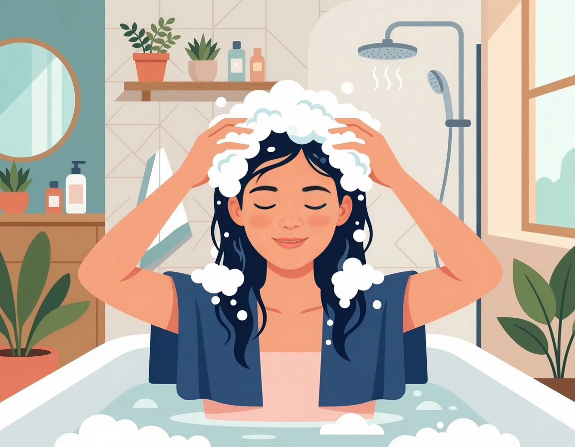 손가락 지문으로 부드럽게 두피를 감는 모습 일러스트