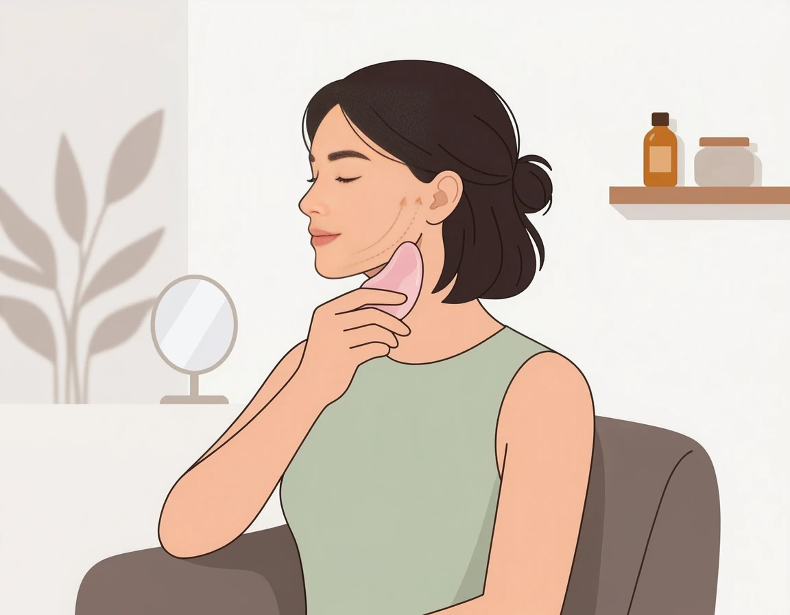 턱선을 따라 괄사 마사지를 하는 모습 일러스트