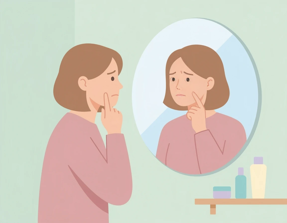 거울을 보며 피부 고민을 하는 30대 여성 일러스트