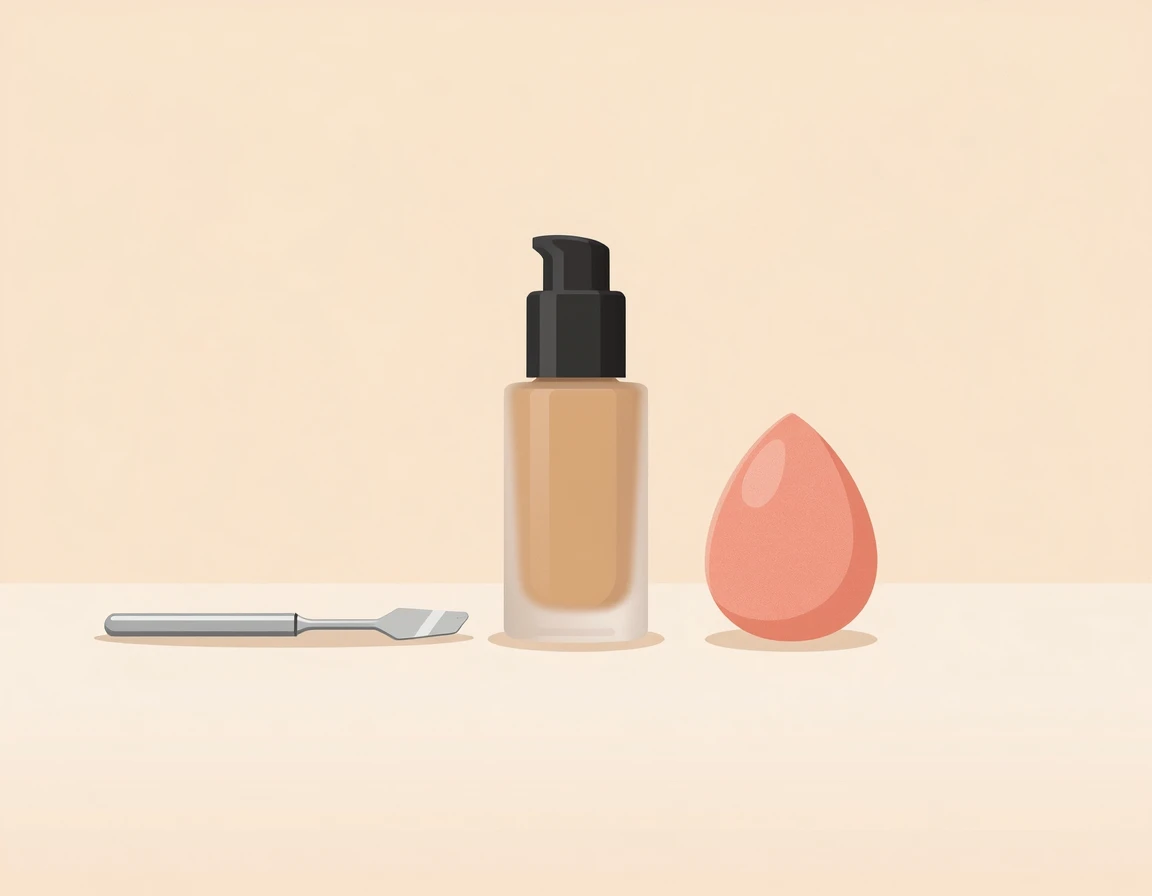 스파출라, 메이크업 스펀지, 파운데이션이 정갈하게 놓여있는 일러스트