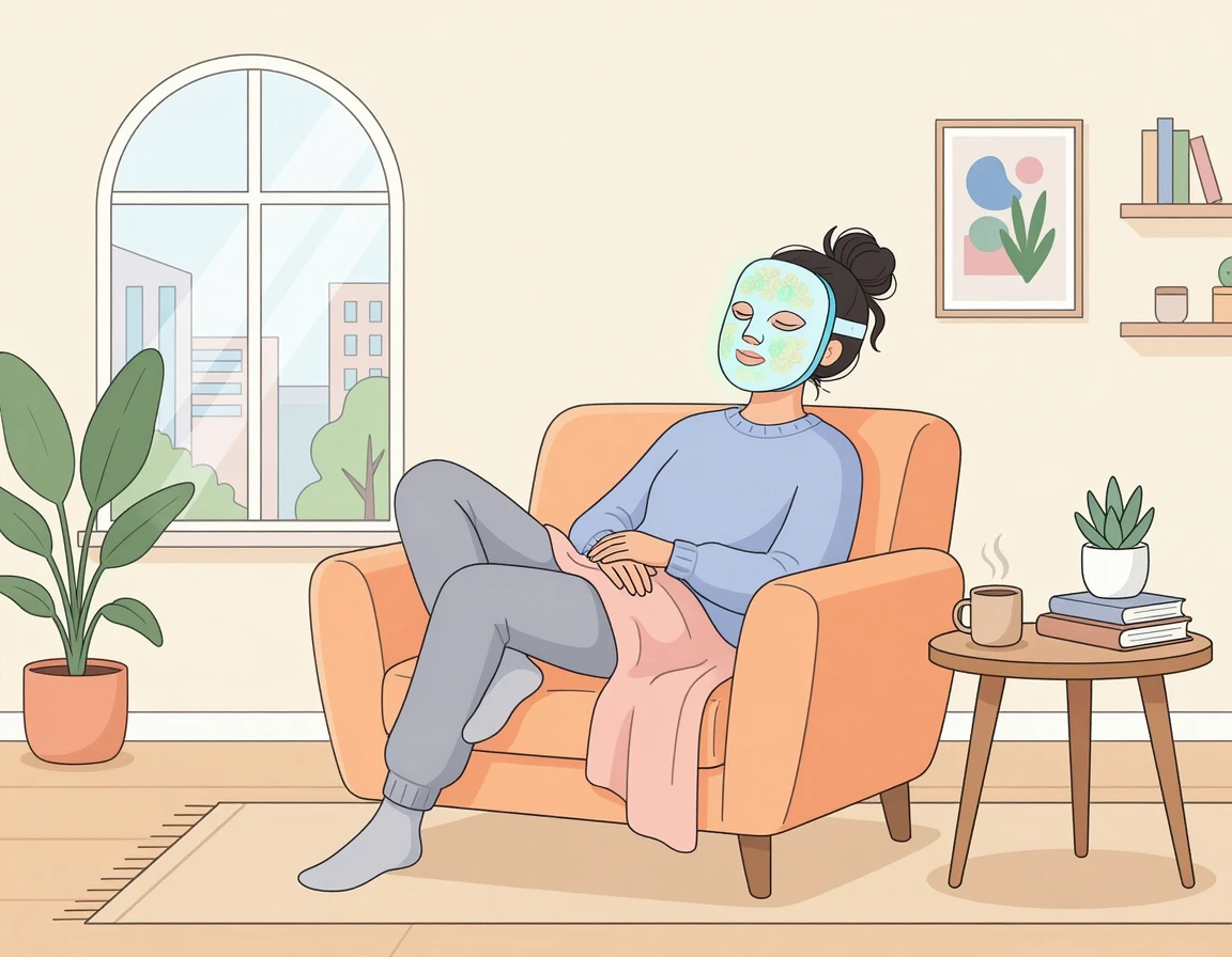집에서 편안하게 LED 마스크를 착용하고 있는 여성 일러스트