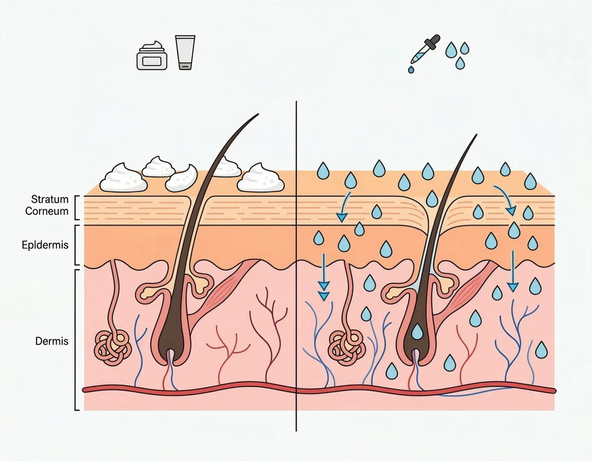 무거운 크림과 가벼운 에센스의 피부 흡수 차이 비교 일러스트
