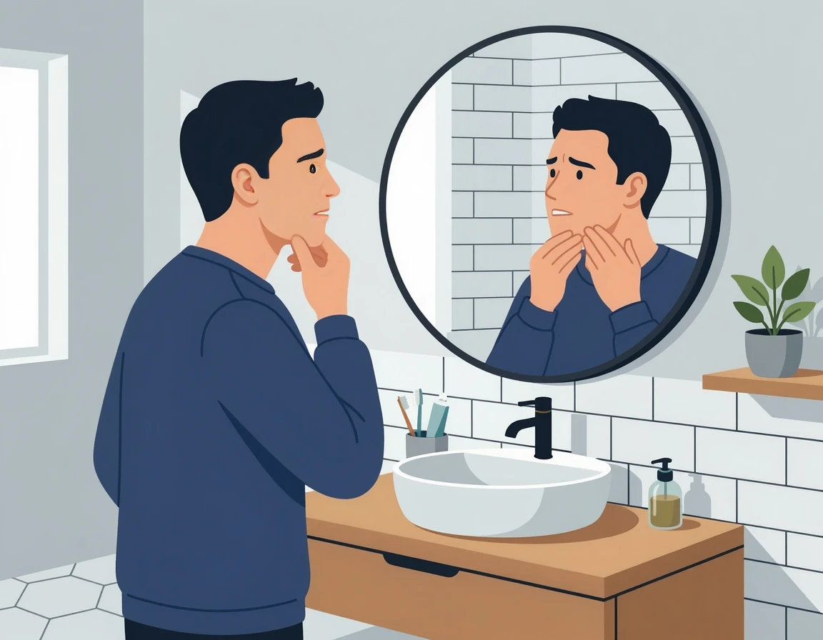 거울로 턱 주변 트러블을 확인하는 남성