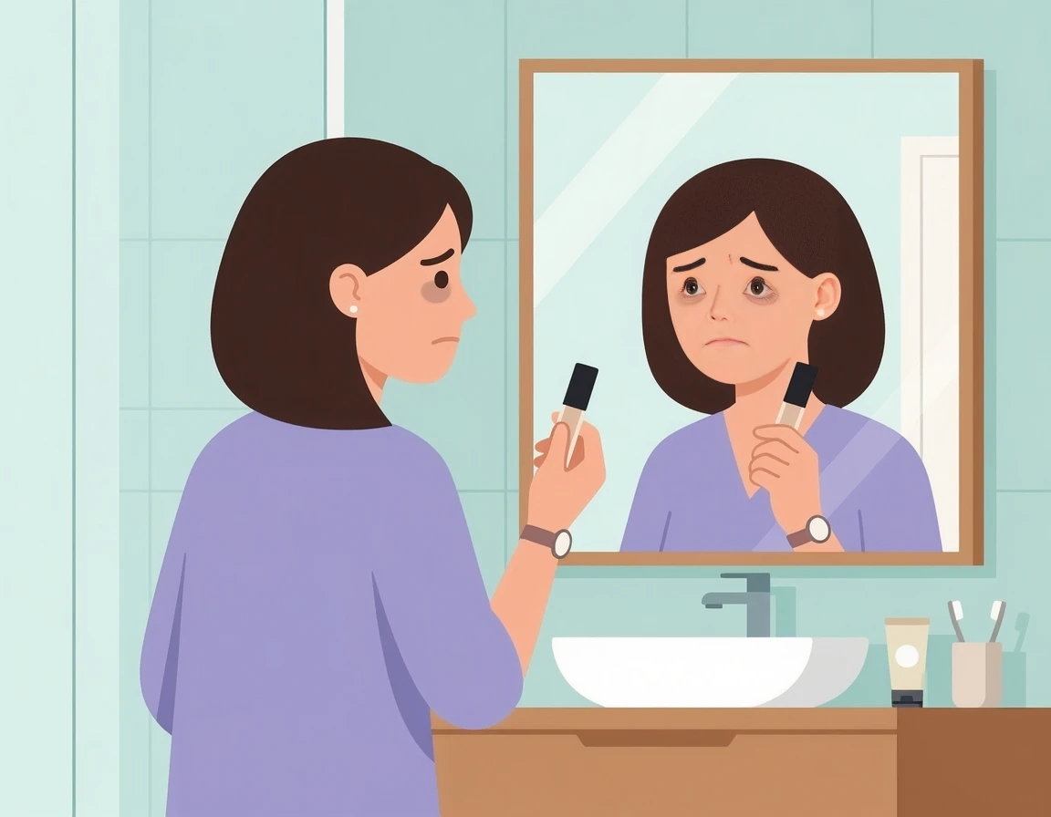 거울을 보며 다크서클을 고민하는 여성 일러스트