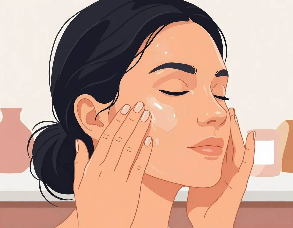 수분 앰플을 얼굴에 부드럽게 흡수시키는 스킨케어 동작 일러스트