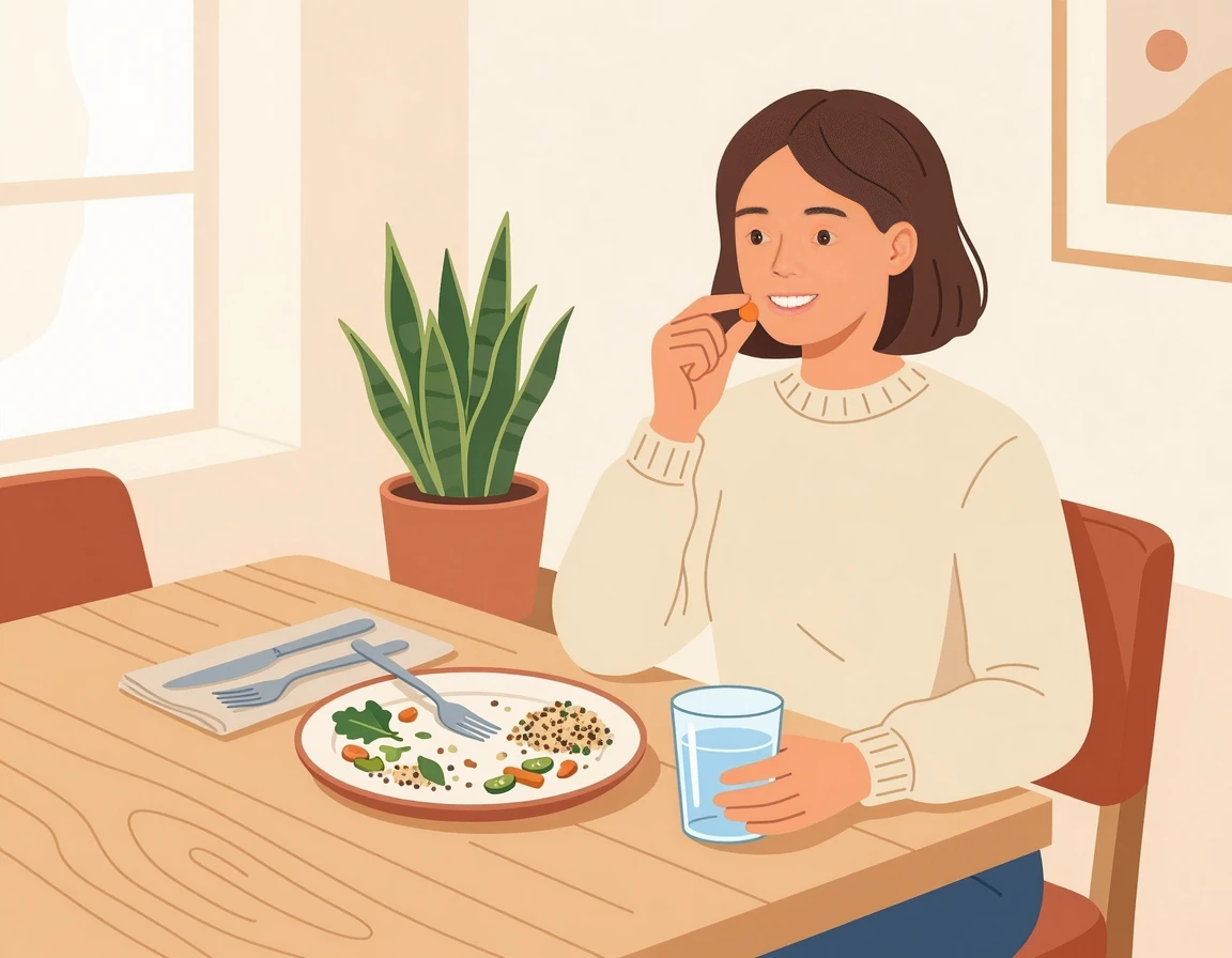 식후에 세라마이드 영양제를 섭취하는 일러스트