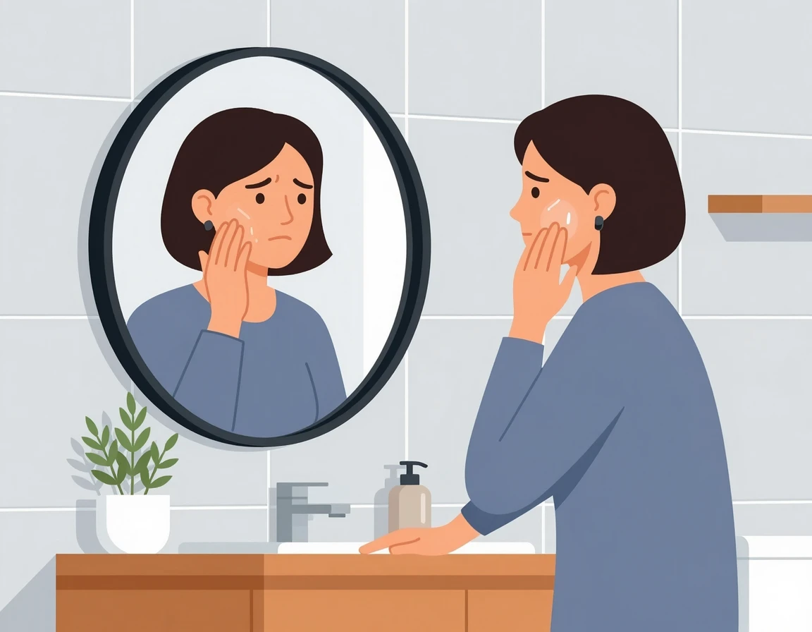 거울을 보며 피부 고민을 하는 여성 일러스트