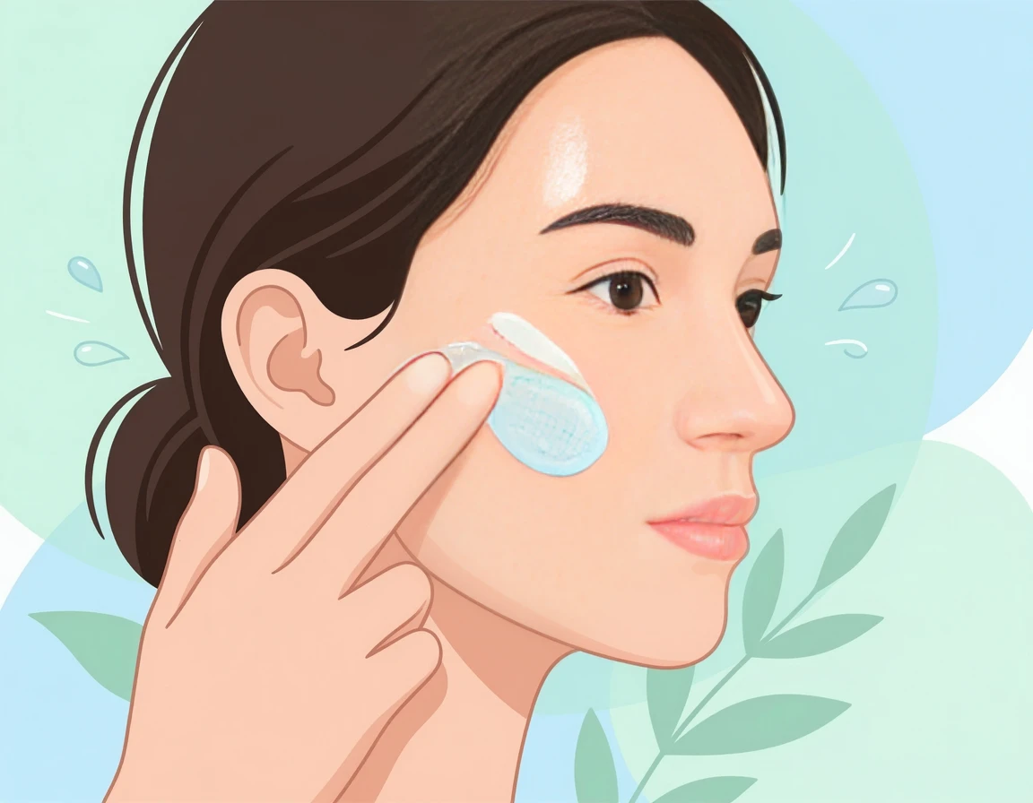 가벼운 젤 타입 수분크림을 얼굴에 바르는 산뜻한 느낌의 일러스트