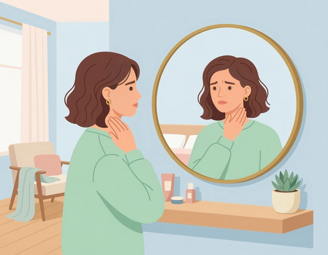 거울을 보며 목 주름을 고민하는 여성 일러스트