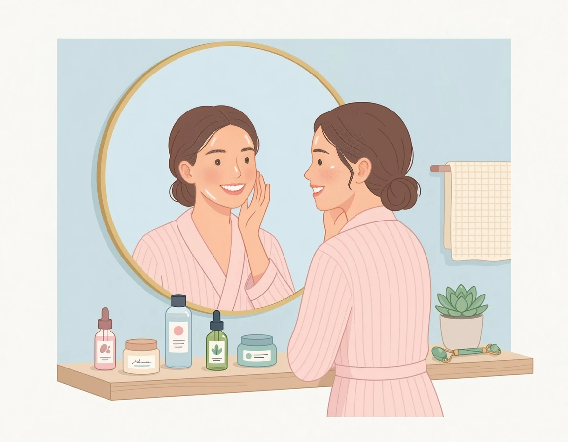 거울을 보며 피부를 가꾸는 여성 일러스트