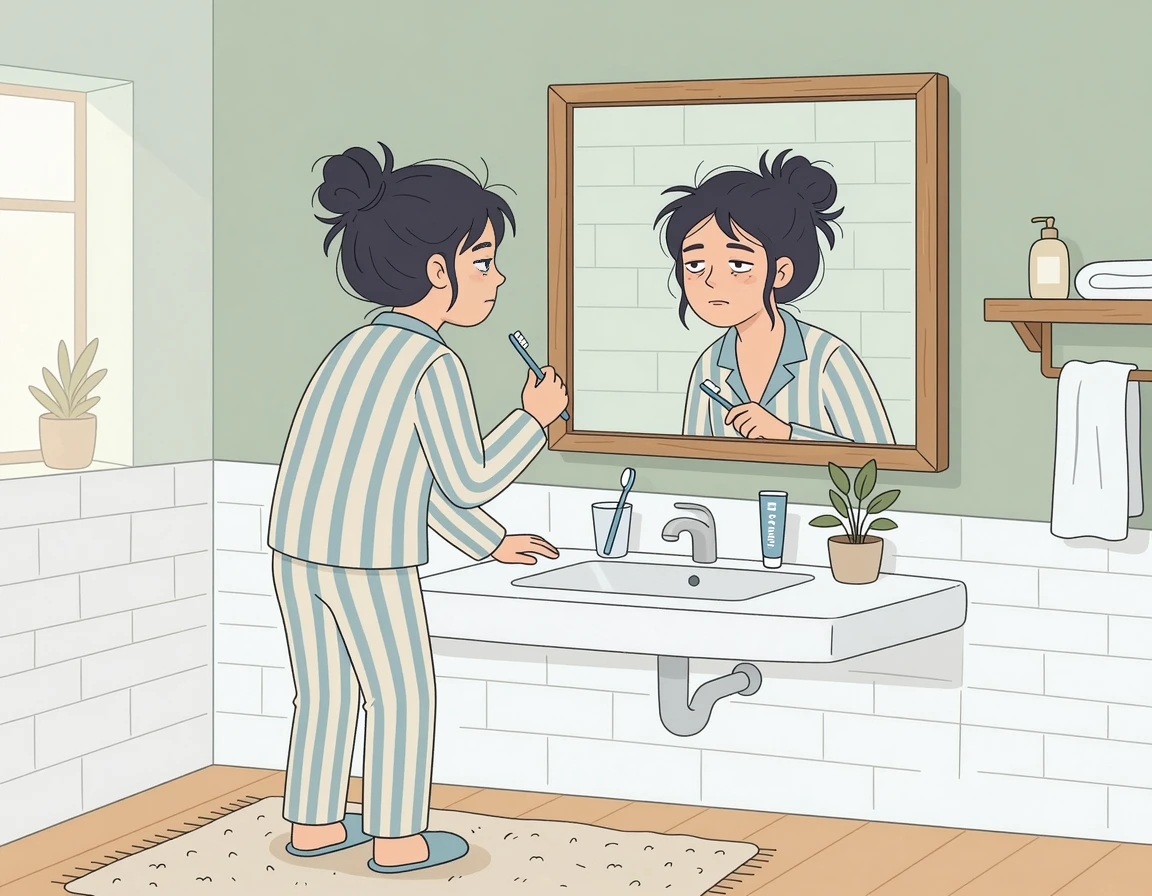 아침에 거울을 보며 부은 얼굴을 확인하는 여성 일러스트