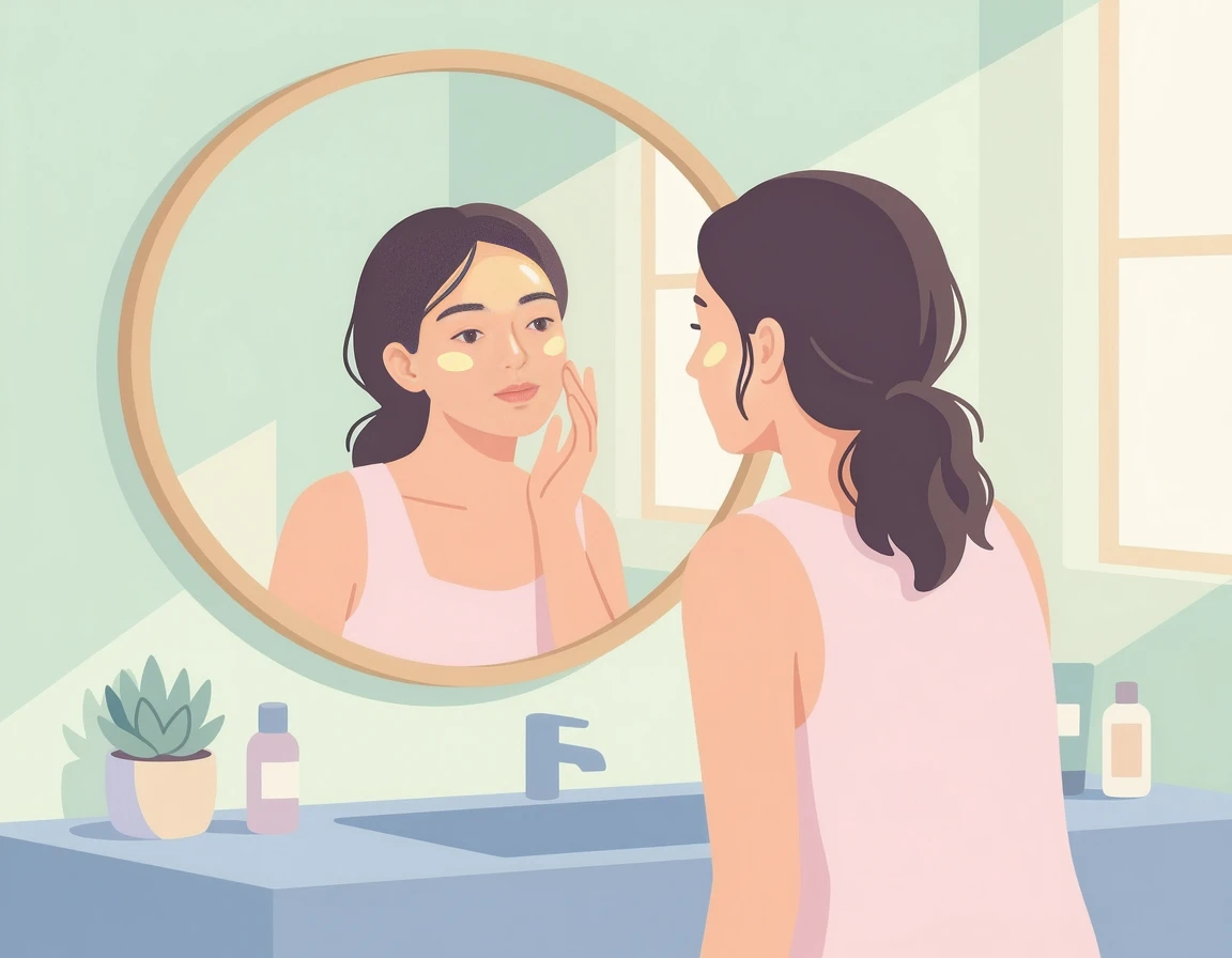 여름철 번들거리는 피부를 거울로 확인하며 고민하는 여성 일러스트