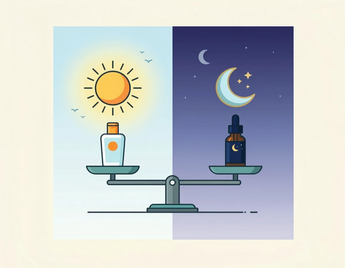 레티놀 밤 사용 및 낮 자외선 차단제 필수 일러스트