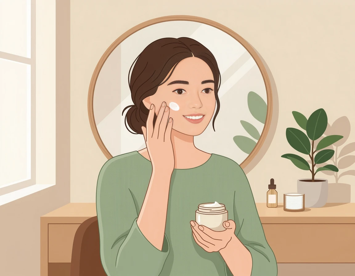 얼굴에 재생크림을 부드럽게 바르는 여성 일러스트