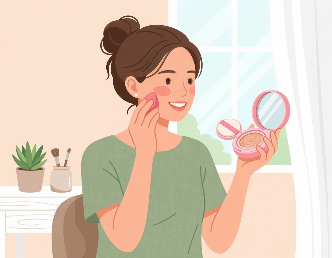 스펀지와 선쿠션을 활용해 선크림을 덧바르는 모습