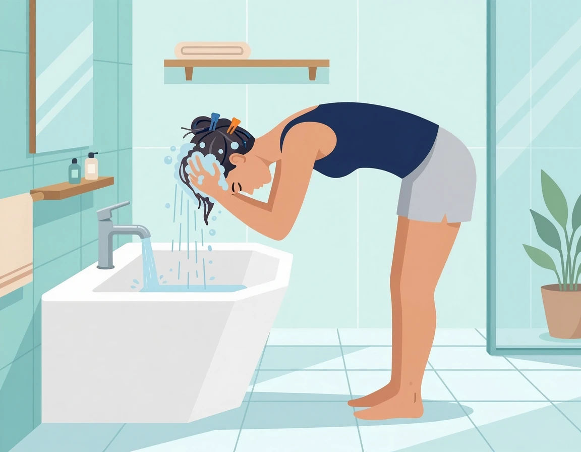 등에 샴푸가 닿지 않게 고개를 숙여 머리를 감는 올바른 샤워 자세