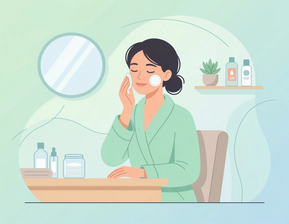 양 볼에 시원한 토너 패드를 얹고 스킨케어를 하며 휴식하는 일러스트