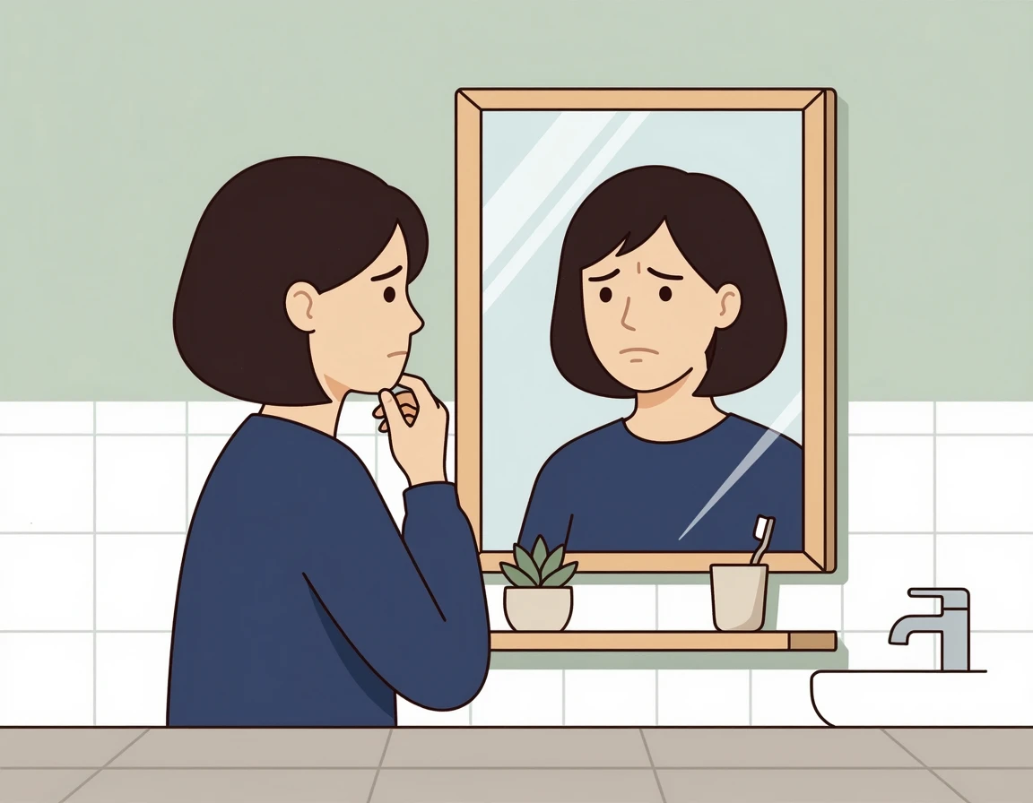 거울을 보며 피부 고민을 하는 여성