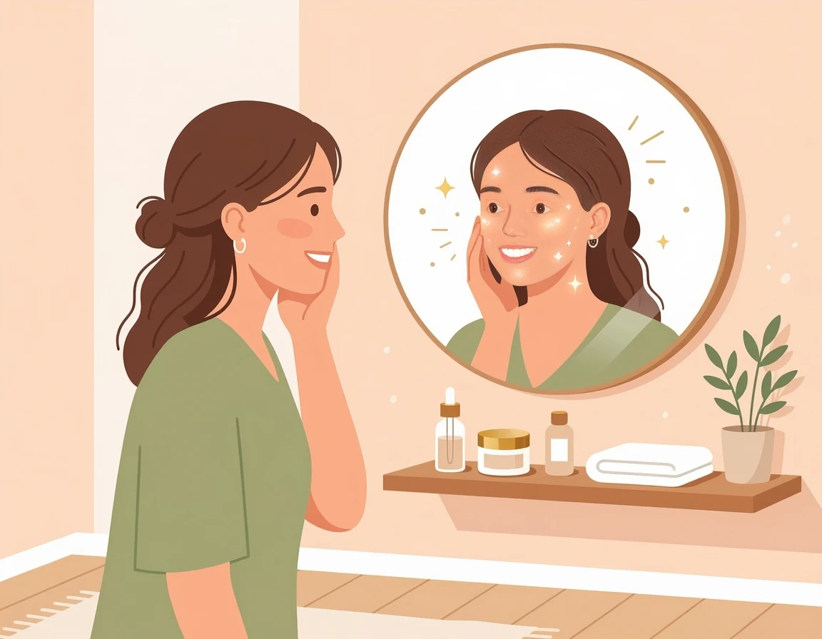 거울을 보며 피부를 확인하는 여성 일러스트