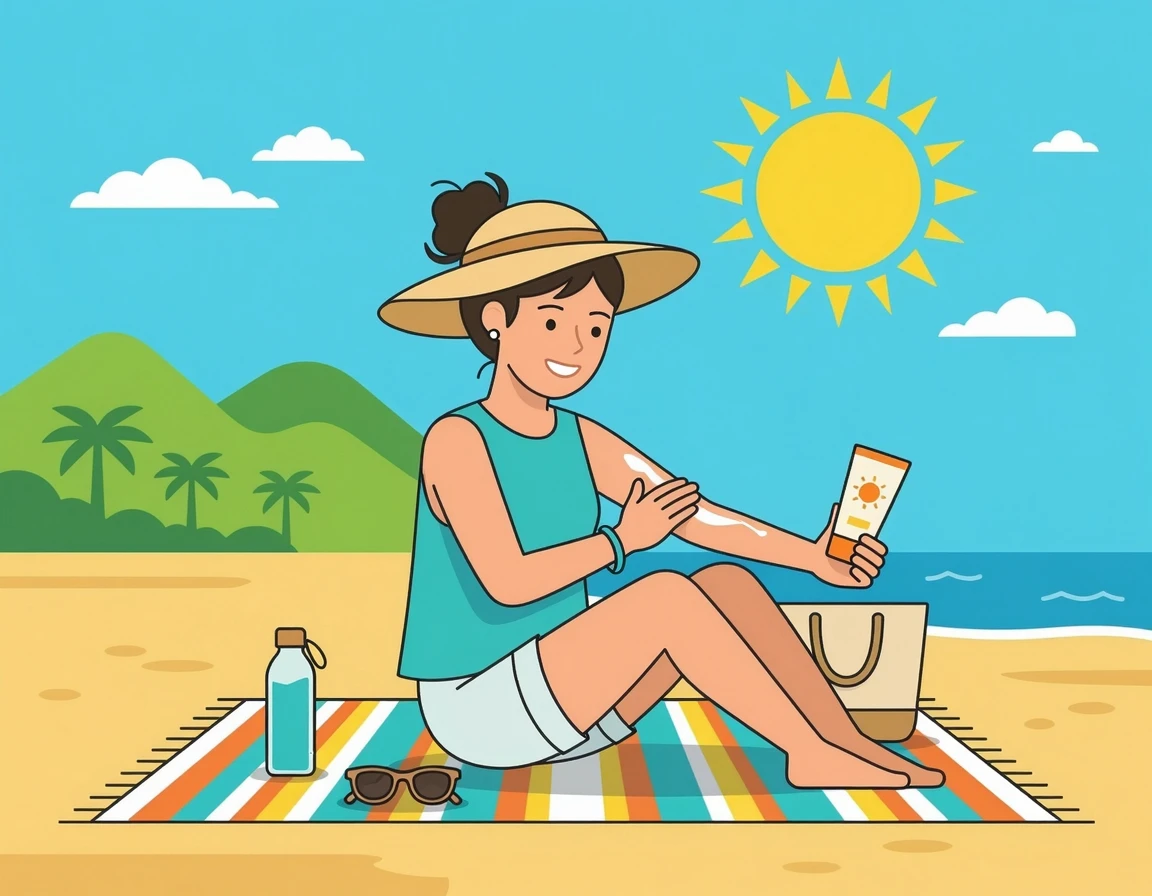 자외선 차단제를 꼼꼼히 바르는 여성 일러스트