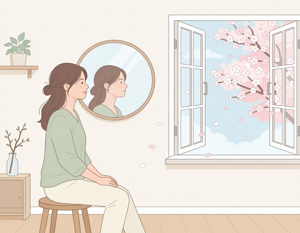 봄철 환절기 거울을 보며 피부 고민을 하는 여성 일러스트