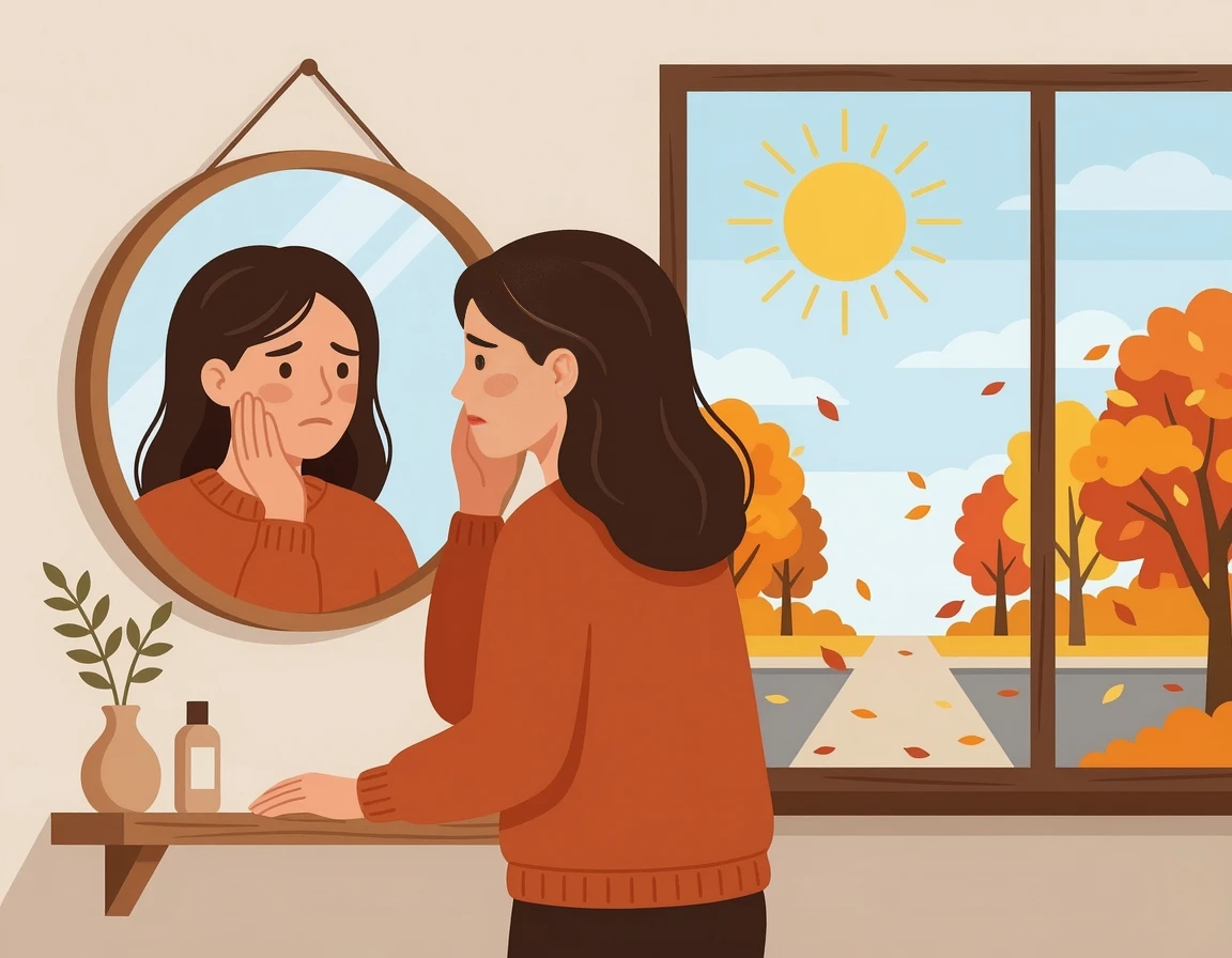 거울을 보며 피부 상태를 확인하는 여성의 일러스트