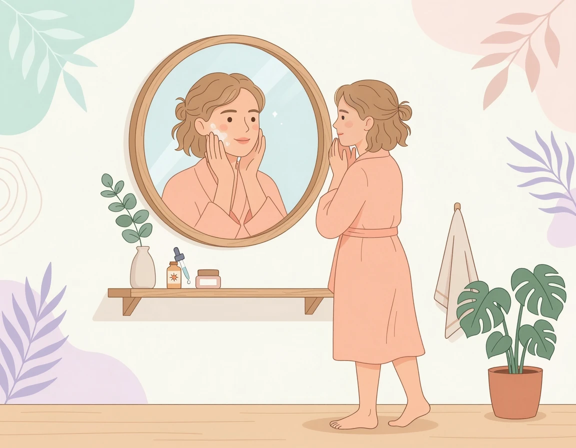 거울을 보며 매끄러운 피부를 확인하는 여성 일러스트