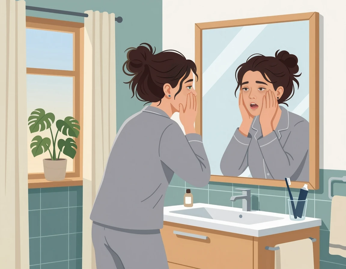 아침에 거울을 보며 피곤해하는 30대 여성