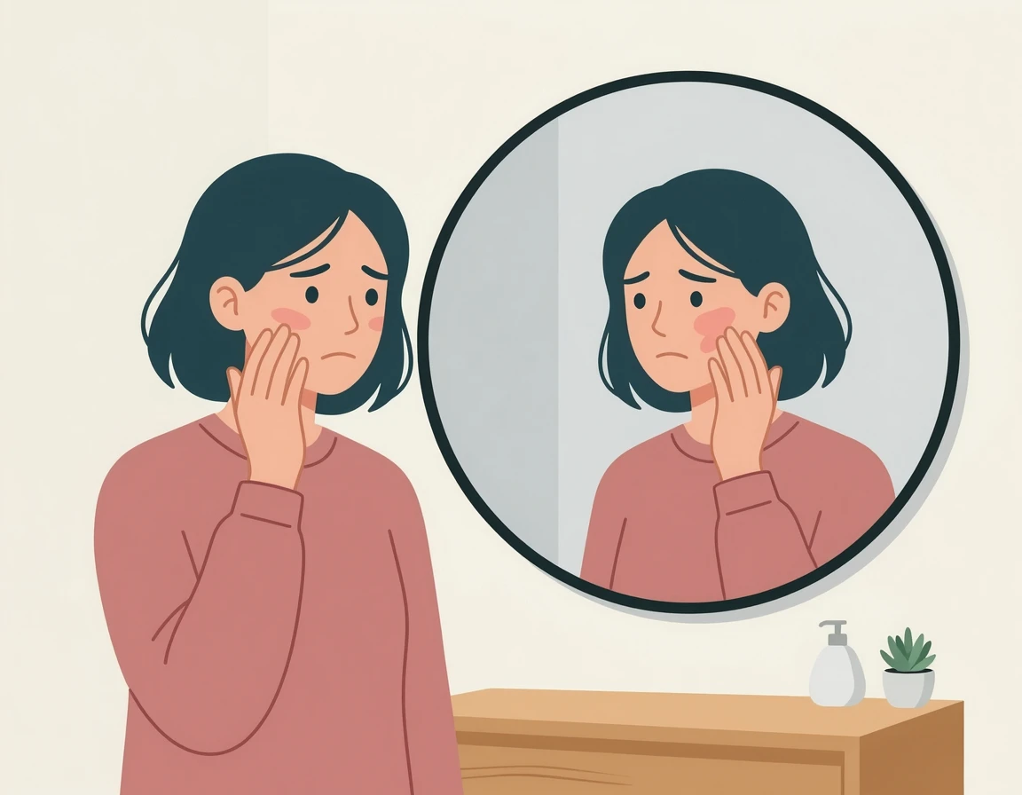 거울을 보며 붉어진 뺨을 걱정스럽게 만지는 여성