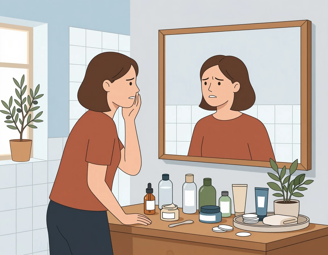 거울을 보며 화장품을 고르고 고민하는 여성의 일러스트