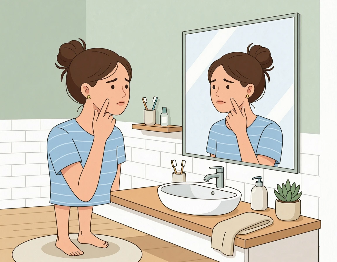 거울을 보며 피부 고민을 하는 여성 일러스트