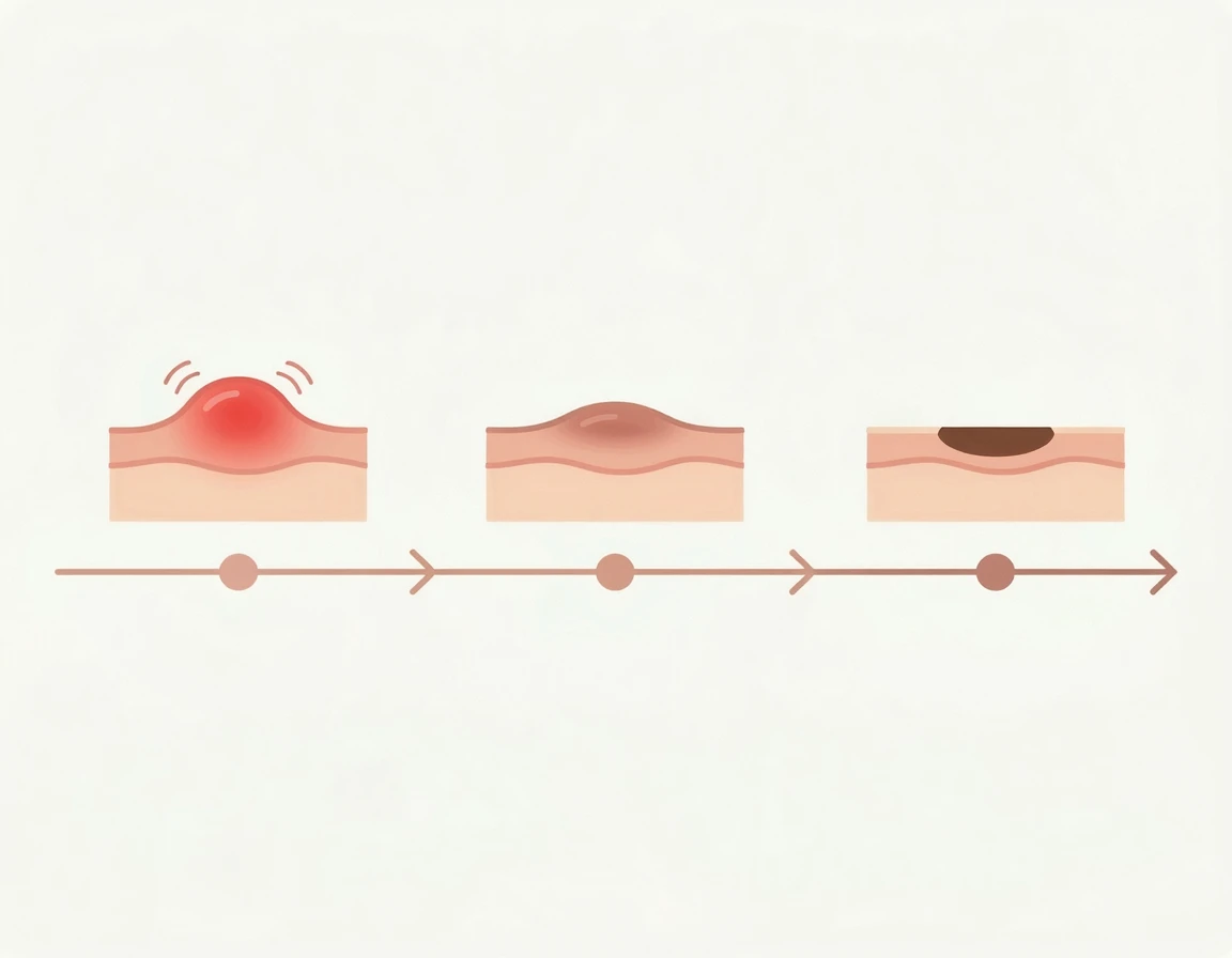 피부 염증 반응에서 색소침착으로 이어지는 3단계 타임라인 일러스트
