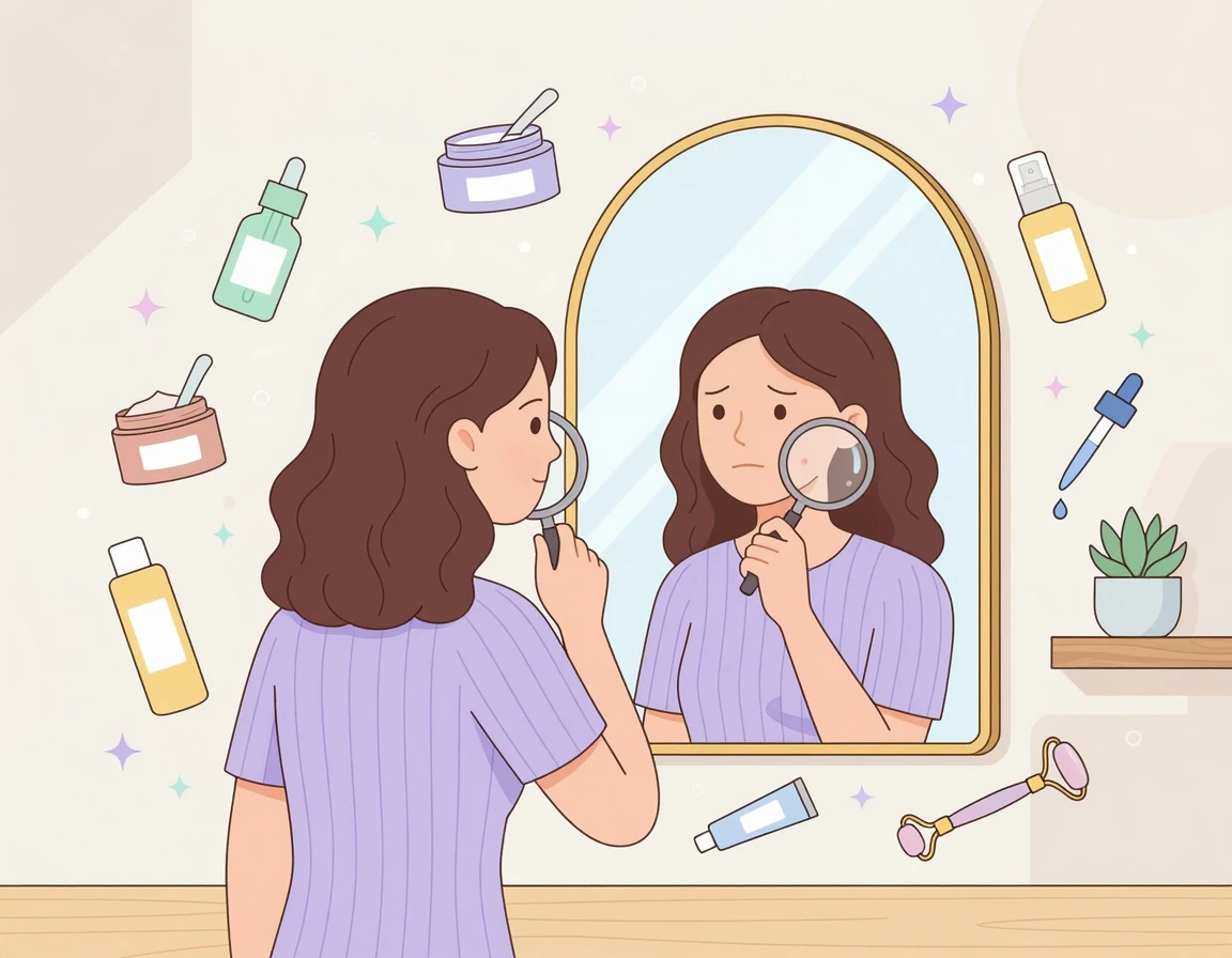 거울을 보며 피부 모공을 고민하는 여성 일러스트