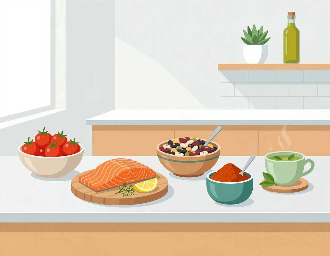 피부에 좋은 5가지 음식인 파프리카, 연어, 토마토, 콩, 녹차 일러스트