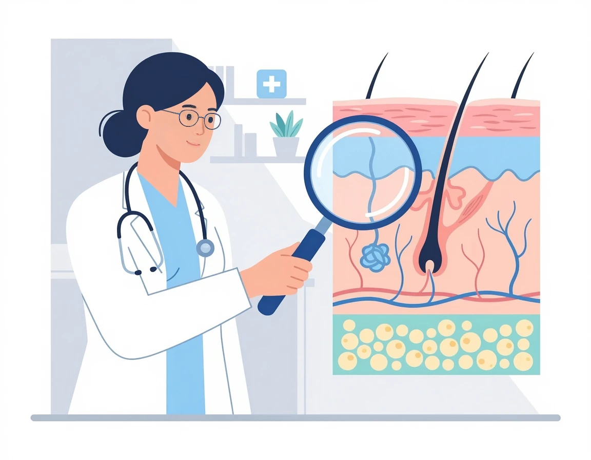 돋보기로 피부 층을 관찰하며 진단하는 의사 일러스트