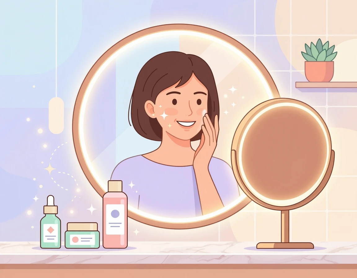 거울을 보며 환해진 피부에 만족하는 여성 일러스트