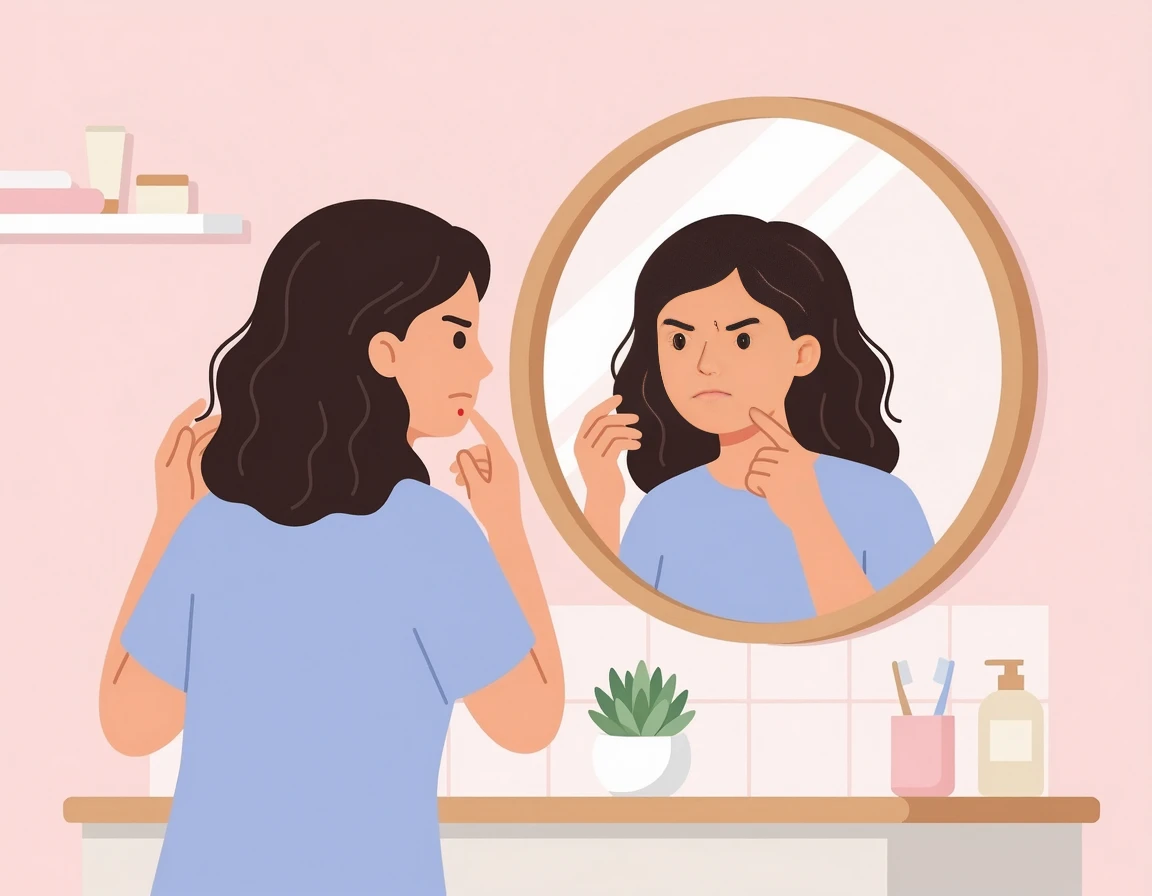 거울을 보며 입 주변 트러블을 고민하는 여성 일러스트