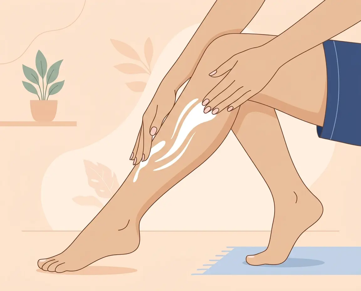 다리에 바디로션을 부드럽게 펴 바르는 모습