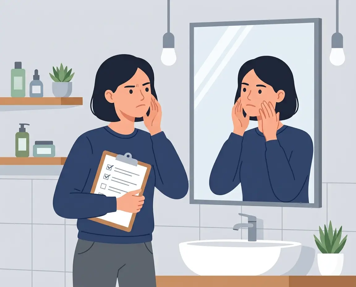 거울을 보며 피부 상태 체크리스트를 확인하는 사람 일러스트