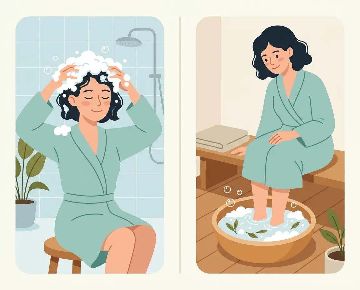 두피 마사지와 족욕을 하며 티트리오일을 바디 케어에 활용하는 일러스트
