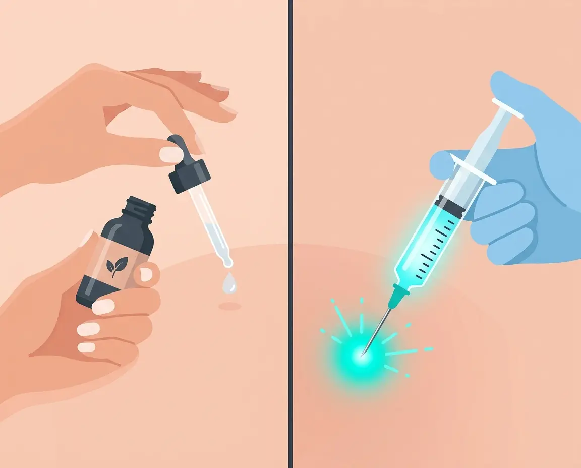 화장품 앰플과 스킨부스터 주사의 차이를 비교하는 일러스트