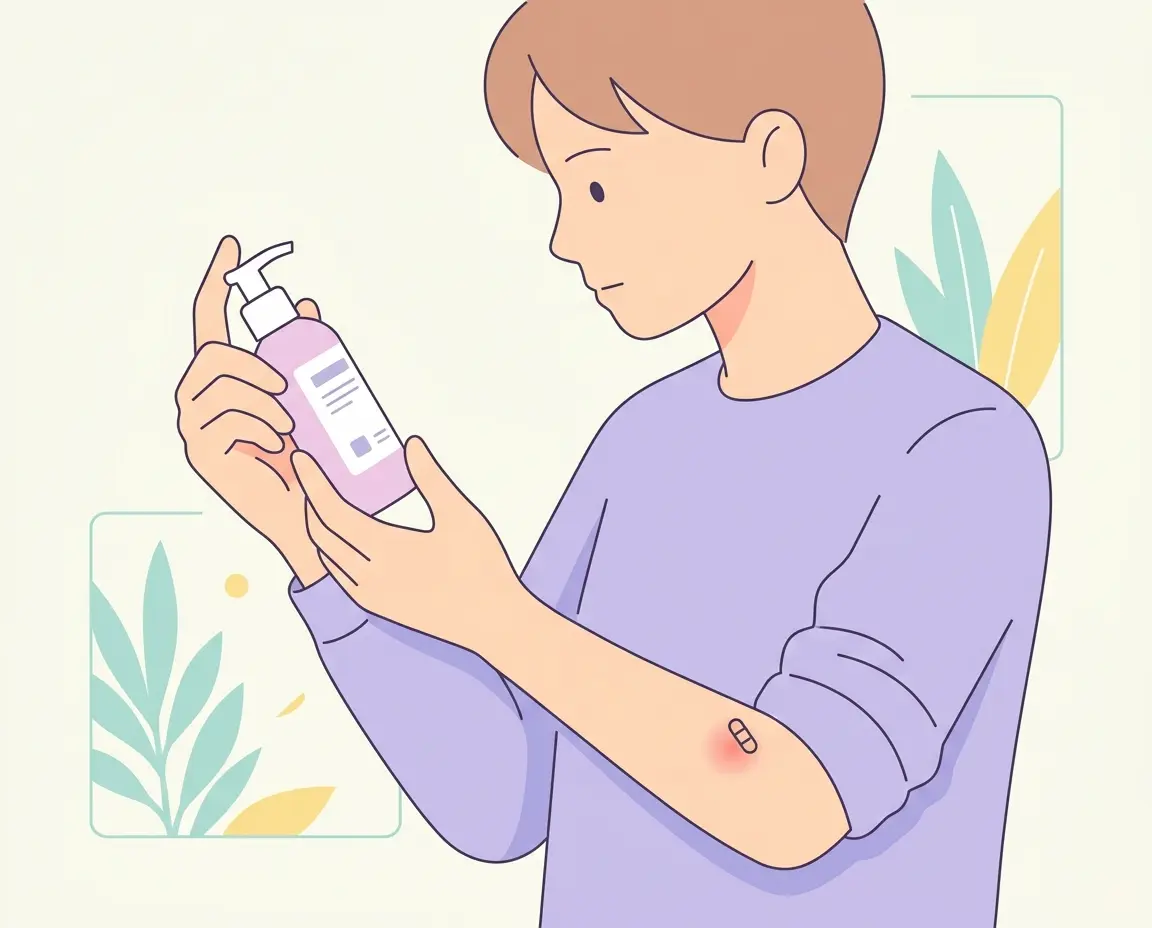화장품 성분표를 확인하고 팔 안쪽에 패치 테스트를 하는 모습