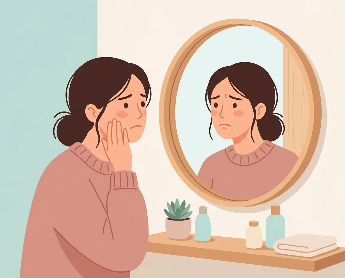 거울을 보며 피부 고민을 하는 여성