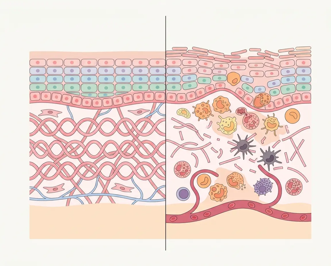 피부 진피층의 건강한 콜라겐과 염증으로 손상된 콜라겐을 비교하는 모식도