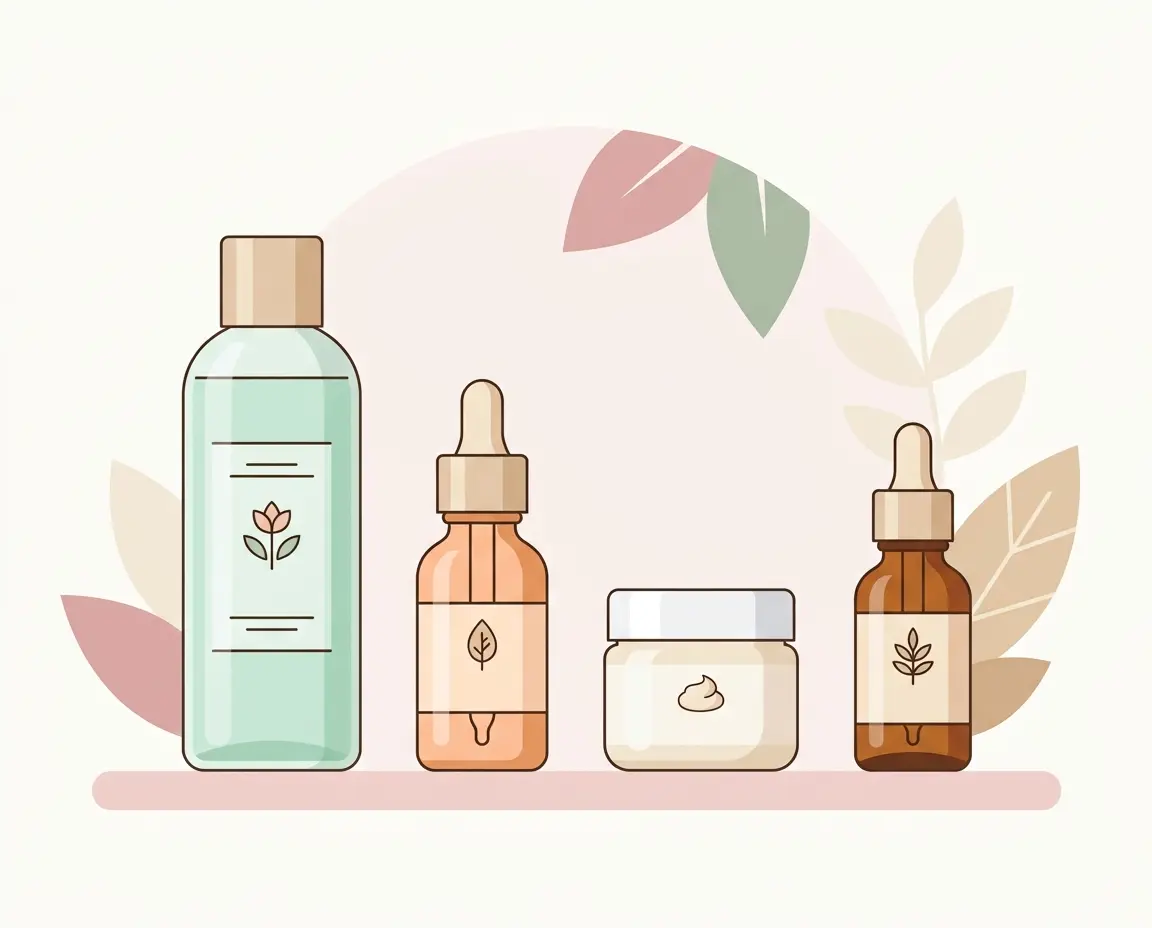 토너, 세럼, 크림, 오일 순서대로 나열된 스킨케어 제품 일러스트