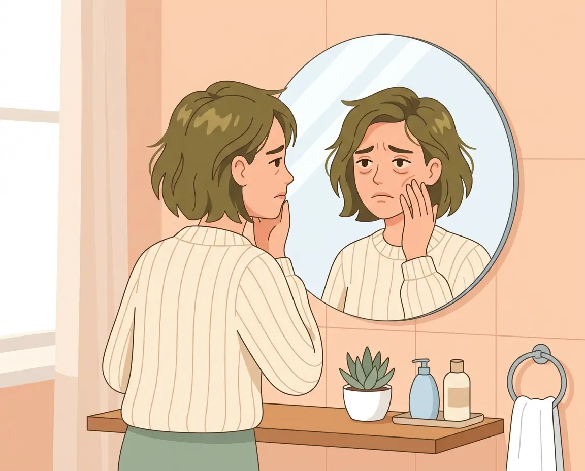 거울을 보며 피부 각질로 고민하는 여성 일러스트