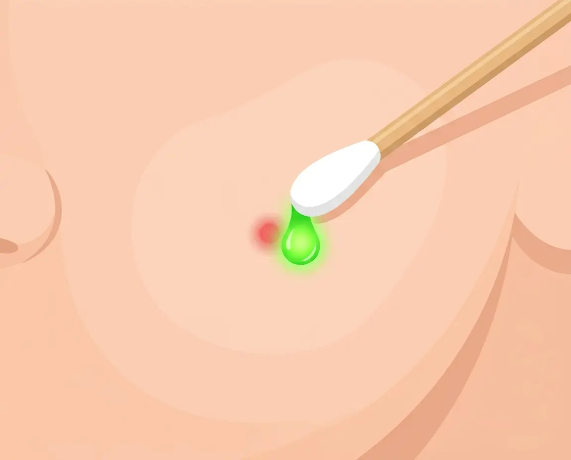 면봉으로 여드름 국소 부위에 티트리오일을 정확히 찍어 바르는 일러스트